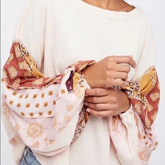 Free People Blossom Printed Balloon-Sleeve Thermal Top Paisley Ballet Pink Large - Picture 7 of 16